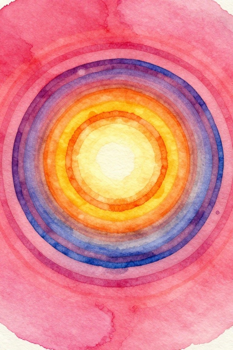 Watercolor concentric circles blending from white center through yellow, orange, purple, blue to pink.