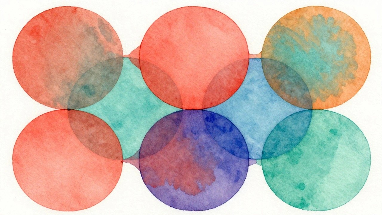 Overlapping translucent watercolor circles in vibrant red, blue, yellow, and green hues