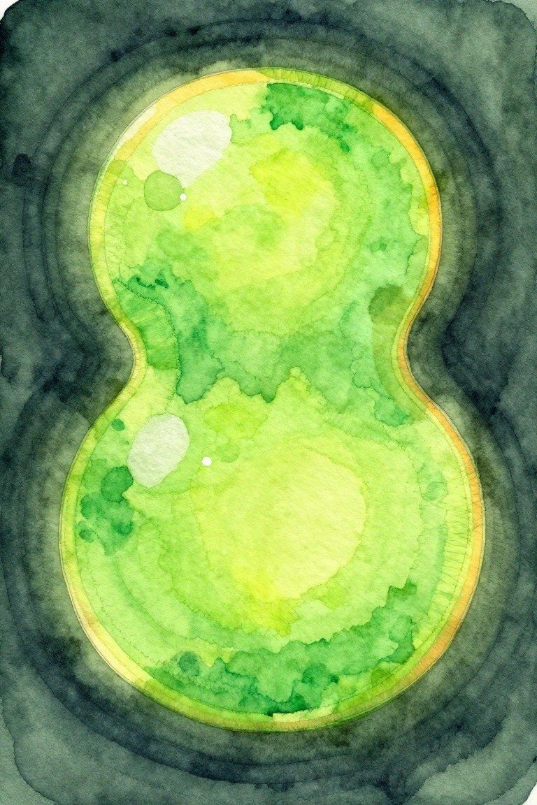 Vibrant green-yellow watercolor figure-eight with golden border on dark concentric background.