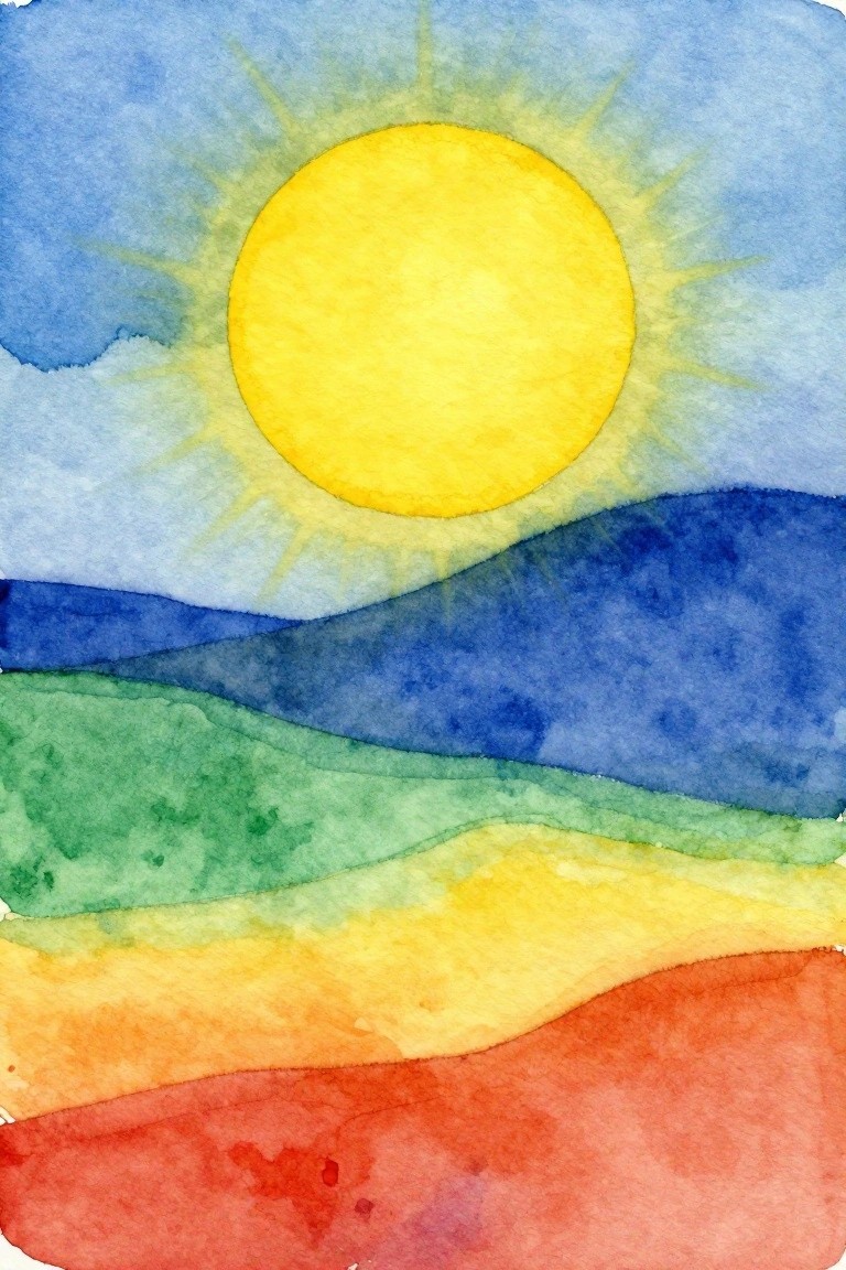 A watercolor painting shows a large yellow sun with rays above wavy horizontal layers of blue, green, yellow, orange, and red.