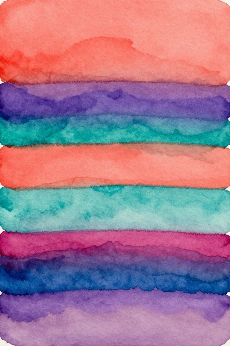 Horizontal watercolor stripes blending red, purple, teal, coral, cyan, pink, blue, and violet hues.