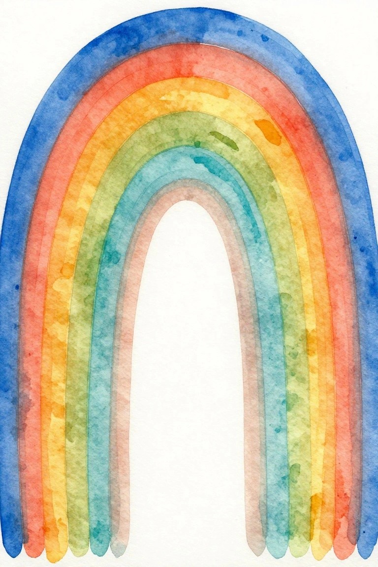 Watercolor rainbow arch with blue, red, orange, yellow, green, and teal bands.