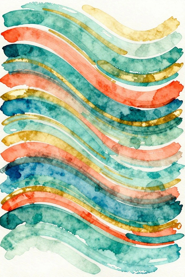 Abstract painting of overlapping wavy lines in teal, coral, blue, and gold tones.