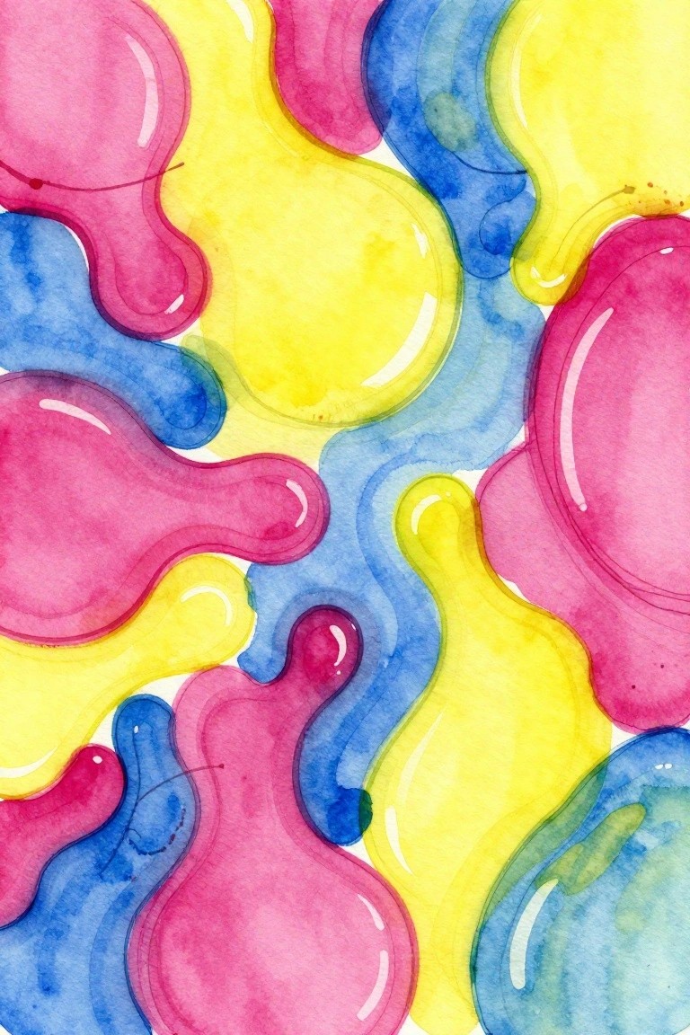 Vibrant watercolor abstract with overlapping pink, yellow, blue, and green organic shapes.