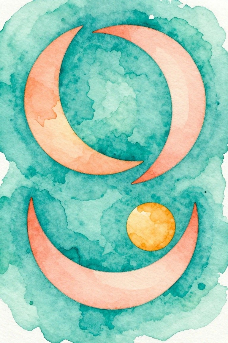 Watercolor art of overlapping peach crescents with a yellow circle on teal background