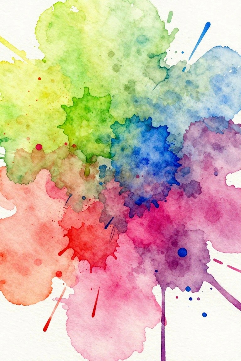 Vibrant watercolor splashes blending greens, blues, pinks, and reds on white paper
