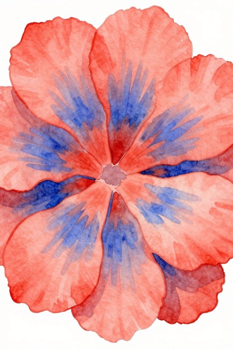 Red watercolor flower with blue-shaded petals and purple center