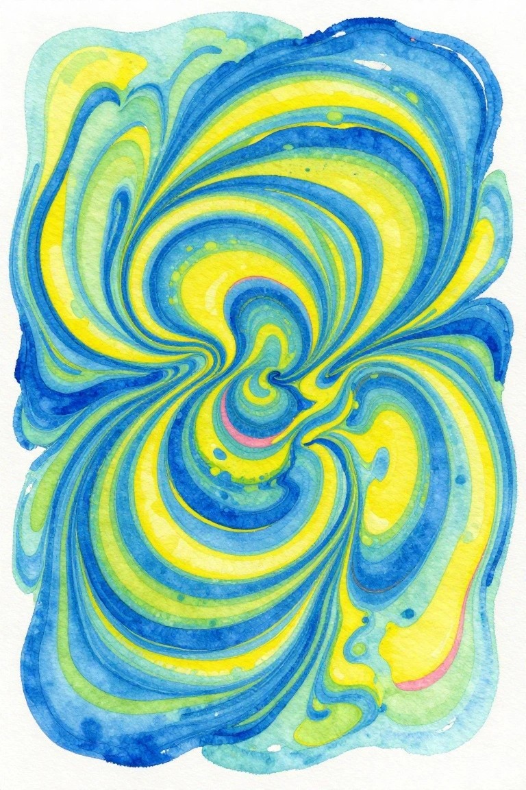 Swirling abstract watercolor in blues and yellows forming a dynamic vortex pattern.