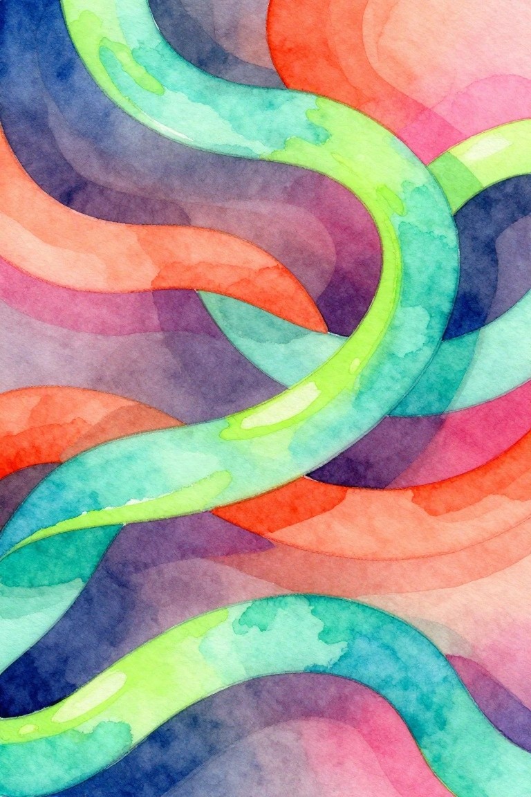 Vibrant watercolor with swirling, intertwined colorful ribbons in bright hues