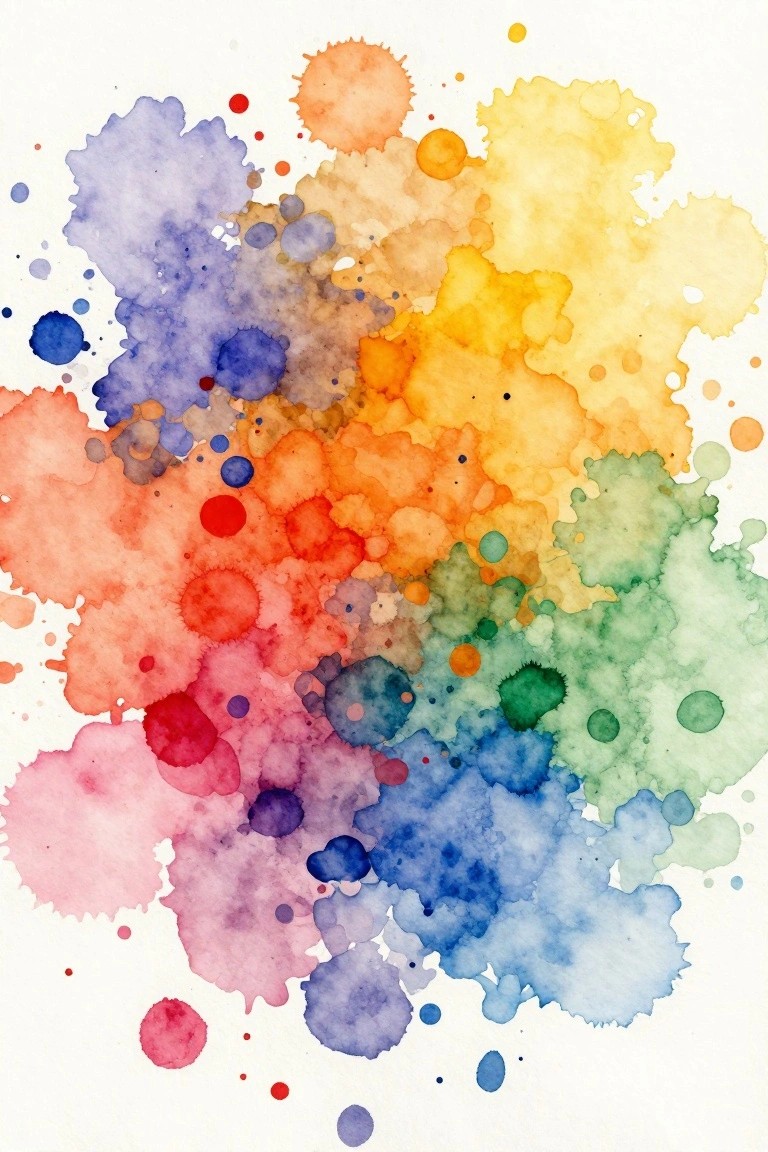 Abstract watercolor splatters blending vibrant blue, red, orange, yellow, green, and purple hues.