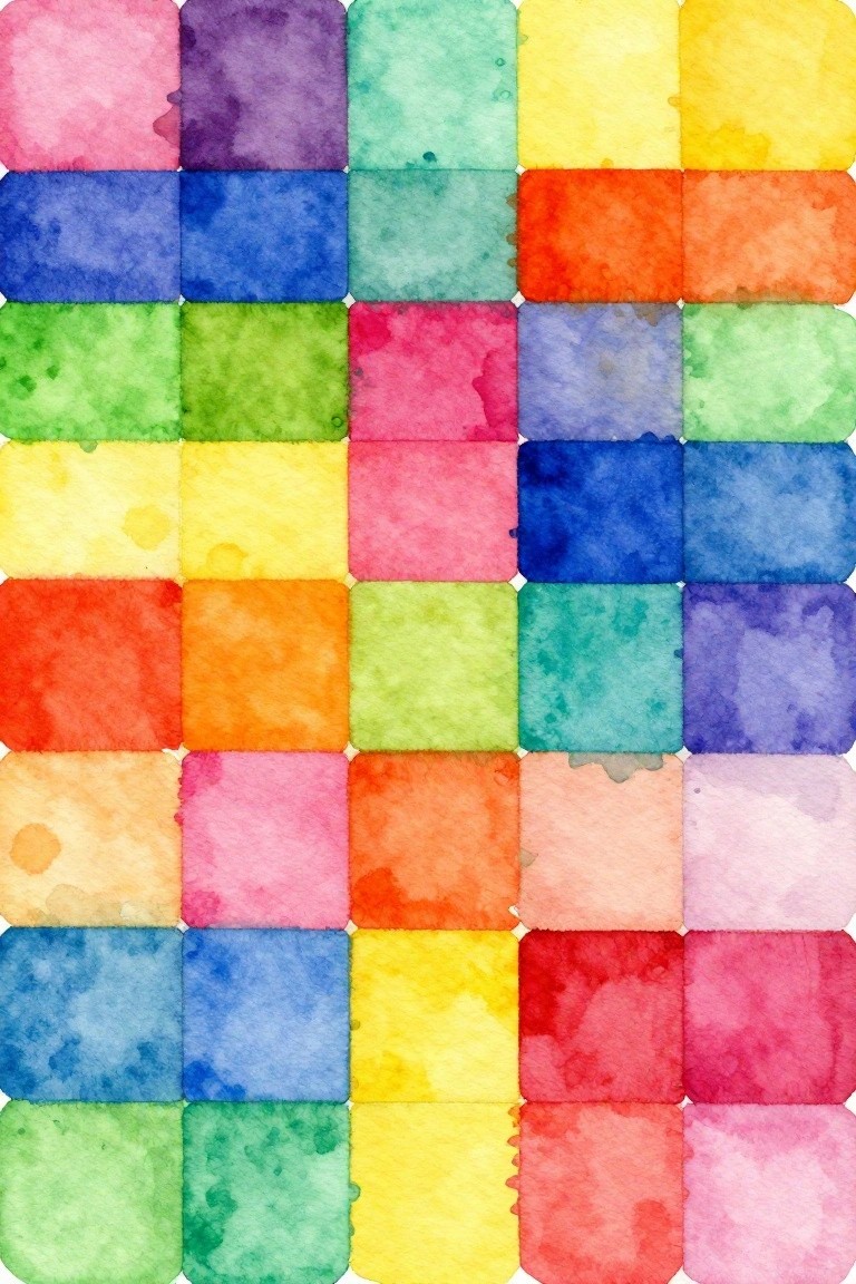 A grid of colorful watercolor squares in various bright shades arranged in an abstract pattern.