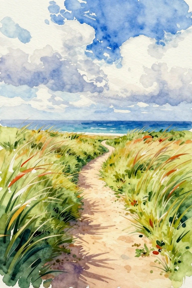 Watercolor of winding sandy path through grassy coastal dunes to blue ocean under clouds
