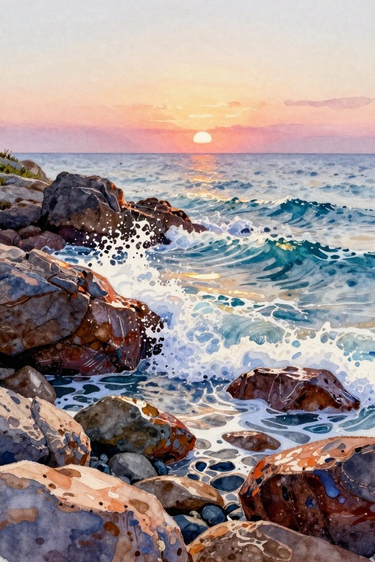 A watercolor painting of waves crashing on dark rocks at sunset with the sun low over the ocean.
