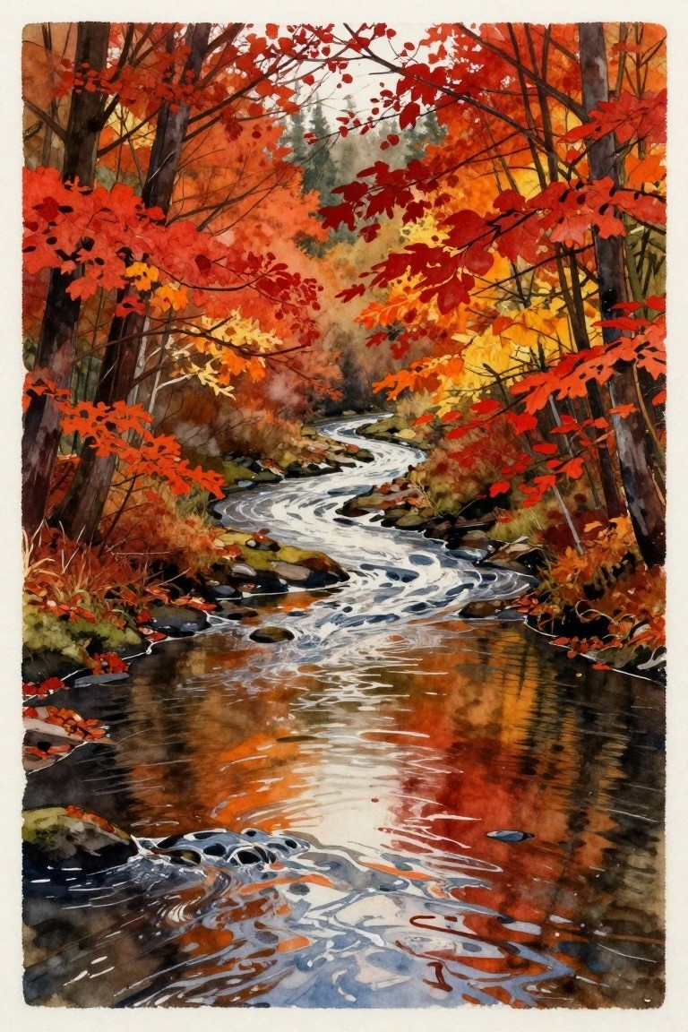 Watercolor of winding stream through vibrant autumn forest with red orange leaves.