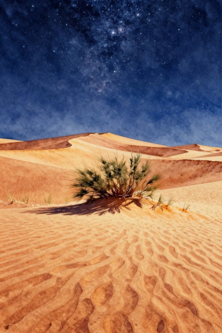 Watercolor desert landscape with rippled dunes, a shrub, and starry night sky.