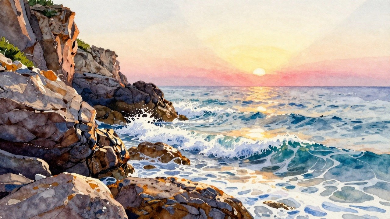 A watercolor painting of waves crashing on dark rocks at sunset with the sun low over the ocean.