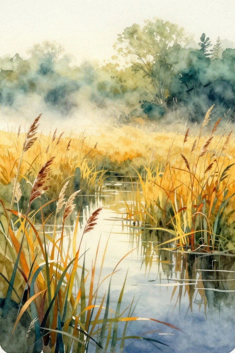 Watercolor of golden reeds lining a misty reflective stream in woodland