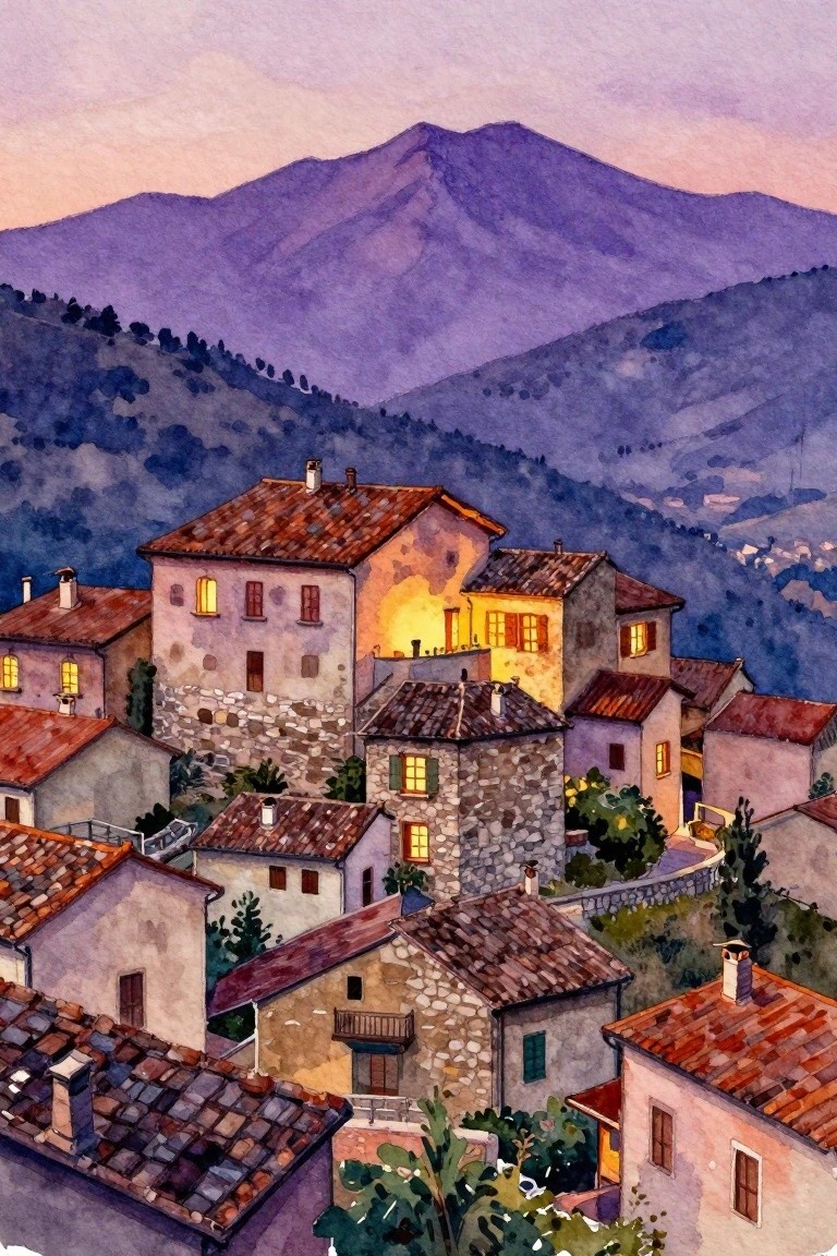 Watercolor of hillside village with glowing windows and purple mountains at dusk