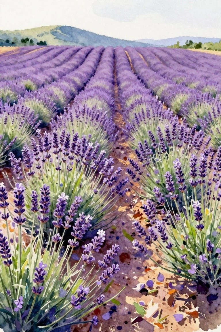 A watercolor painting shows rows of lavender flowers with a dirt path leading toward distant hills.