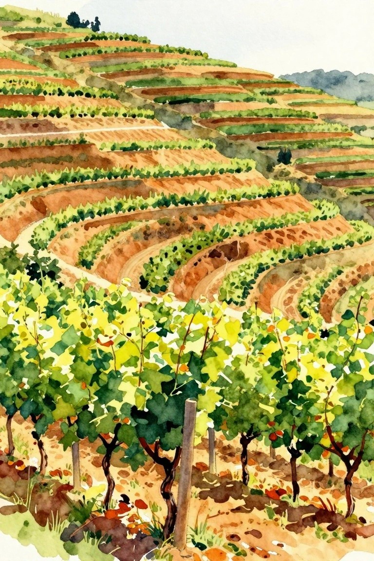 Watercolor painting of terraced vineyards with curving green vines on sunlit hillsides.