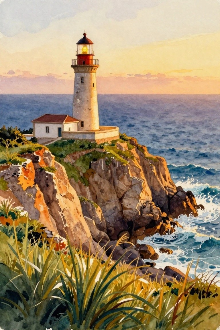 Watercolor of lighthouse on rocky cliffs overlooking ocean waves at sunset.