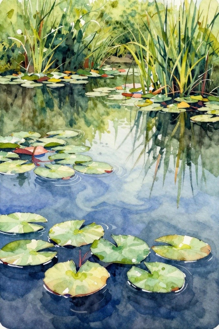 Watercolor of green lily pads floating on reflective blue pond with reeds.