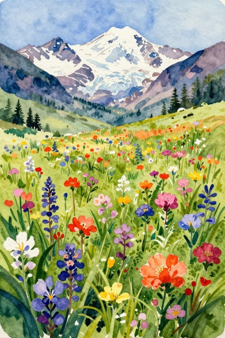 Colorful wildflower meadow with snow-capped mountains in soft watercolor style.