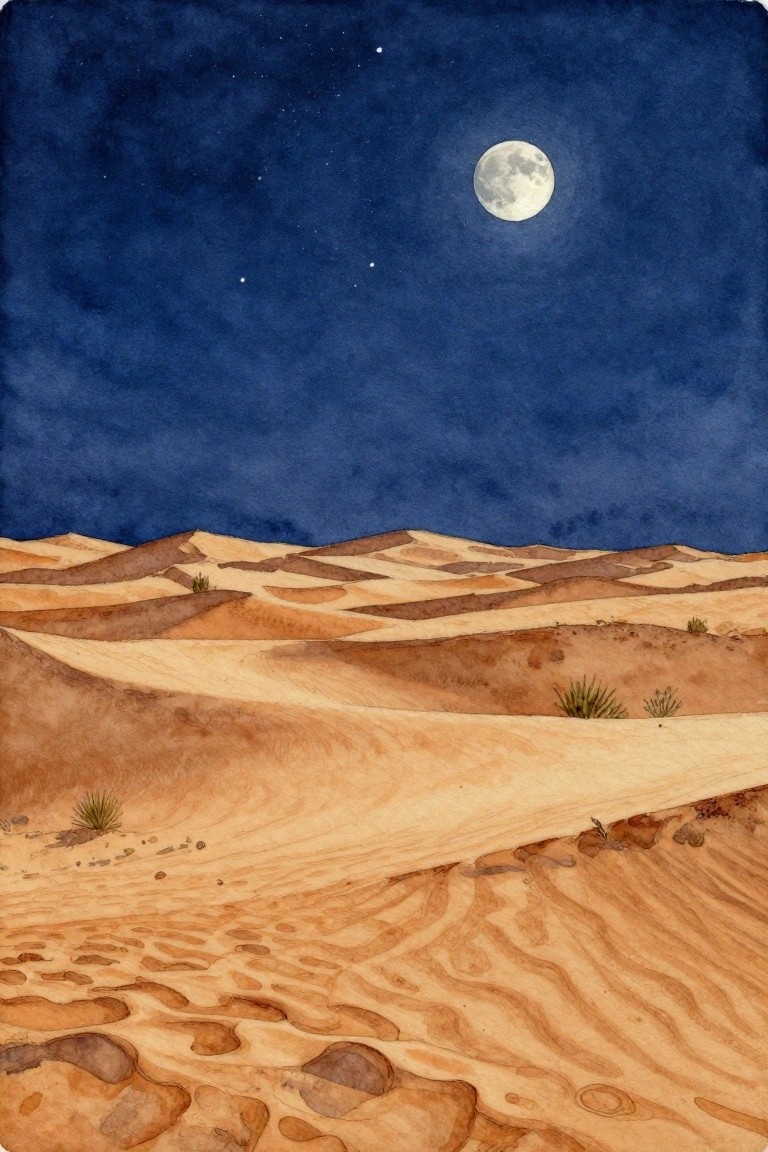 Watercolor painting of desert sand dunes under starry night sky with full moon.
