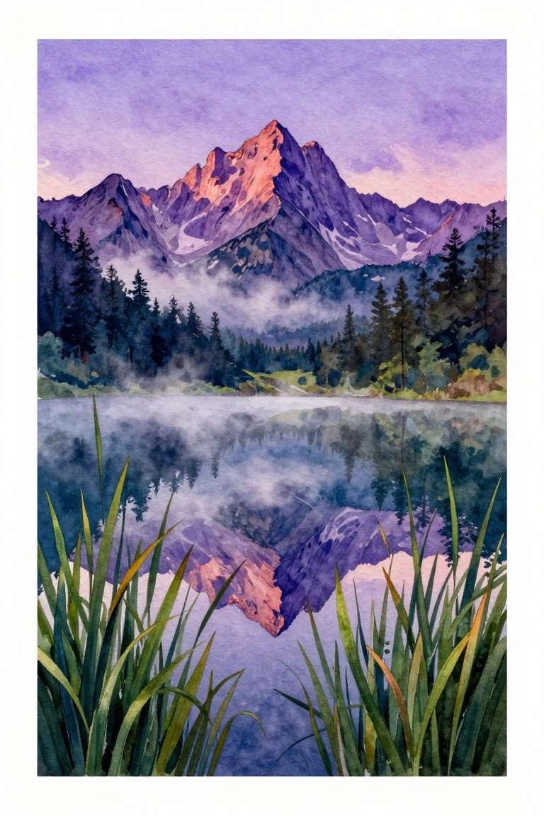 Watercolor of pink-lit mountains reflected in misty lake with tall foreground grass