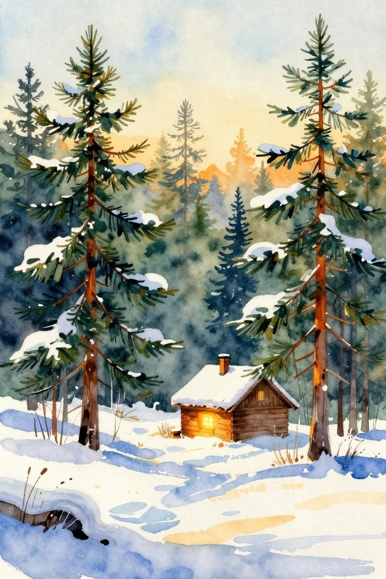 Watercolor of a glowing log cabin amid snow-covered pines in a wintry forest at sunset