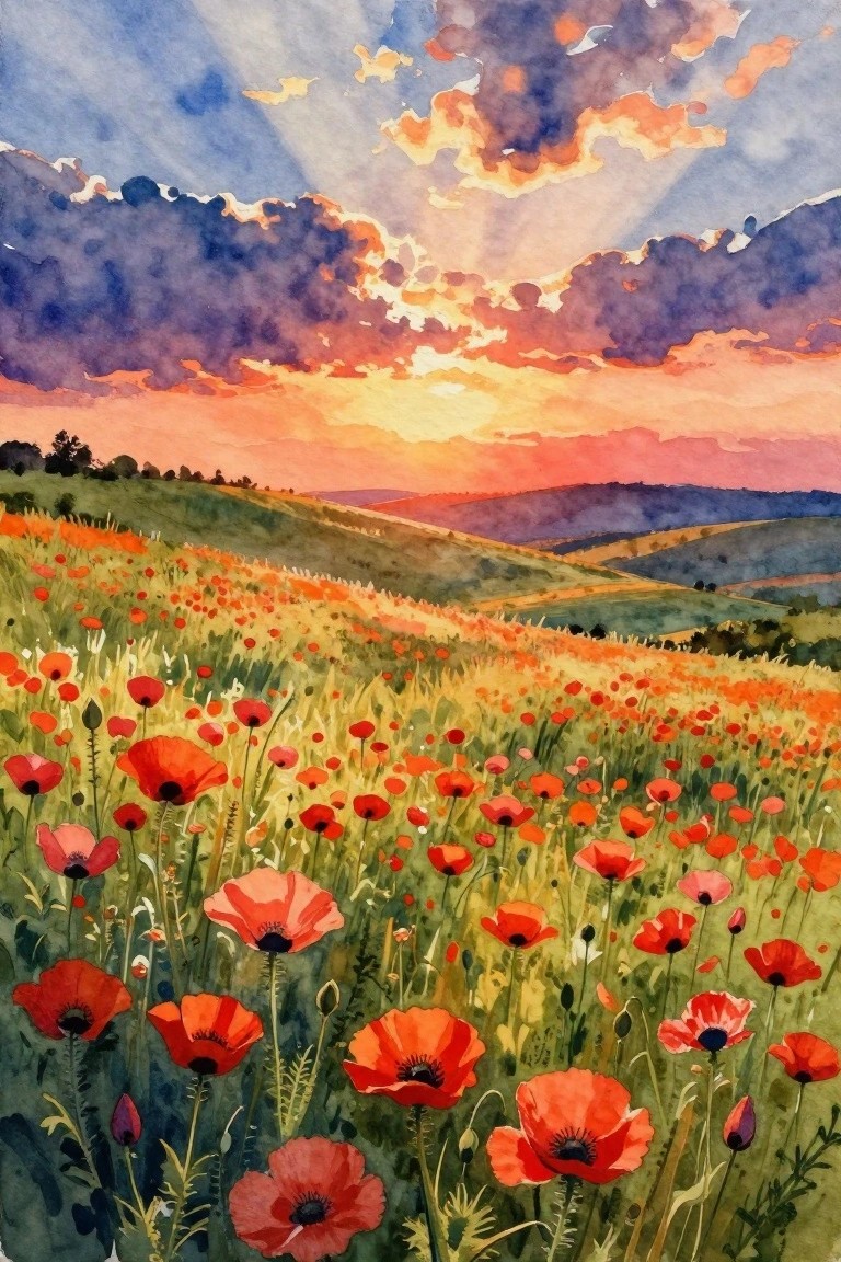 A watercolor painting of red poppies covering rolling green hills under an orange and blue sunset sky.