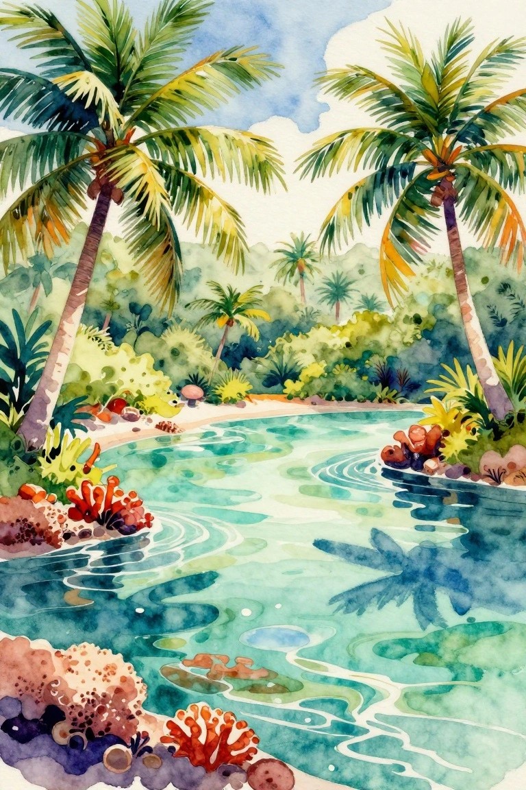 Watercolor of a tropical lagoon with palm trees and vibrant coral reefs