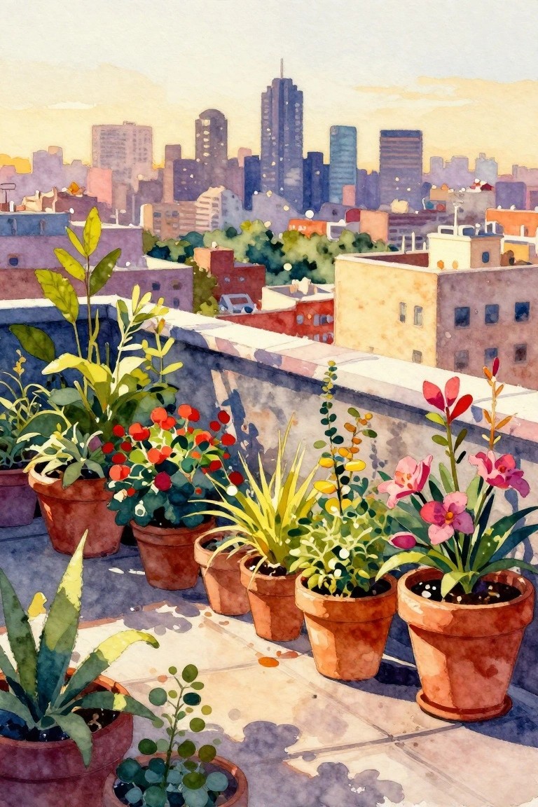 A watercolor painting of potted plants on a rooftop overlooking a city skyline at sunset.