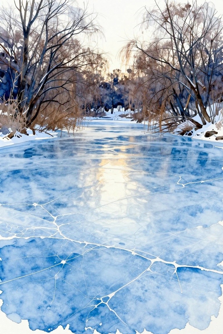 A watercolor painting of a frozen river with cracks in the ice, surrounded by snow and bare trees, with sunlight reflecting on the surface.