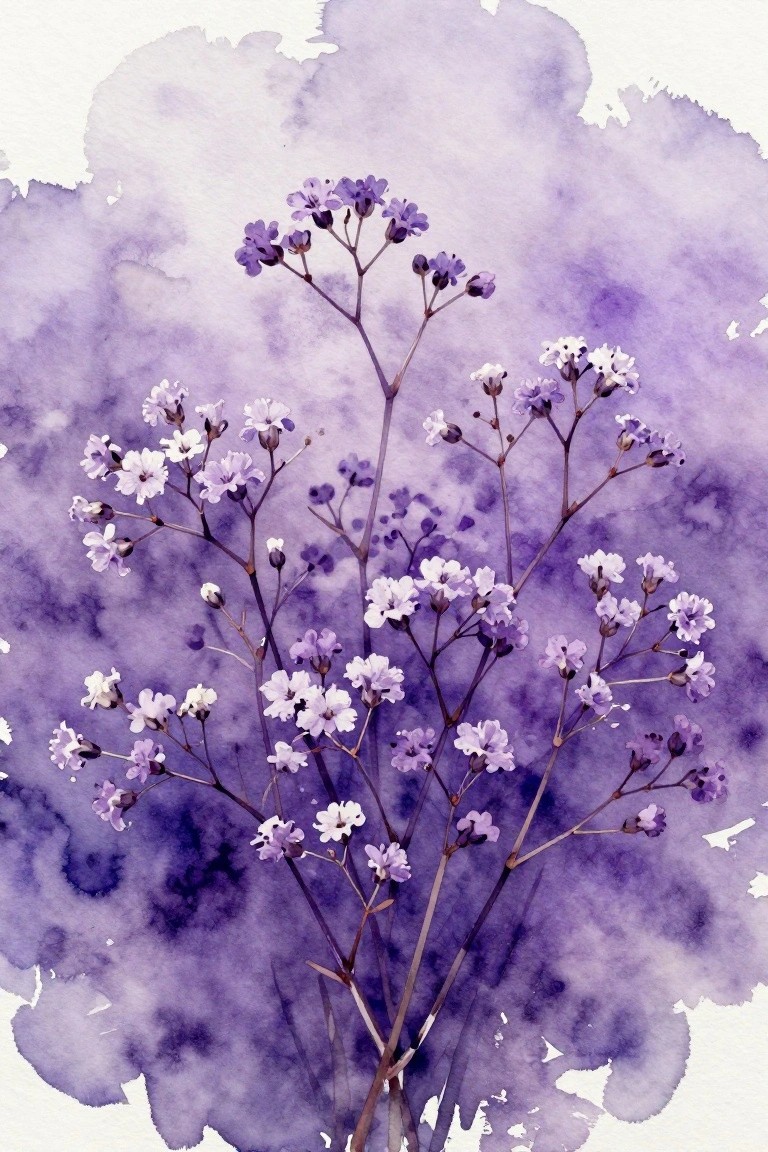 Purple watercolor flowers with delicate stems on abstract purple wash background.