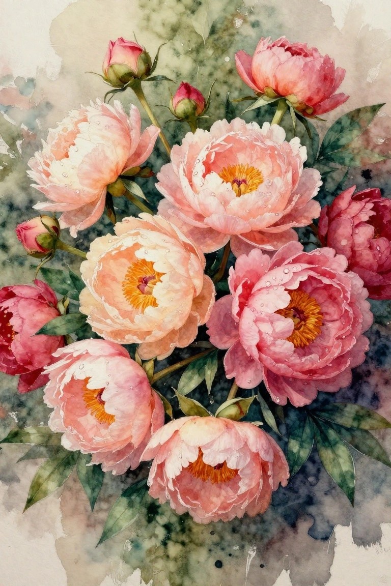 Watercolor peonies in pink and peach tones with dew drops and green leaves.