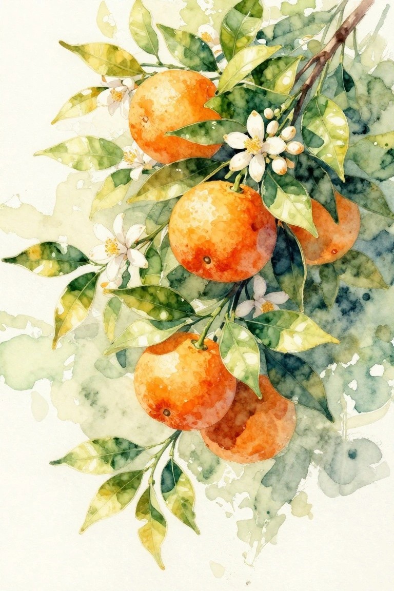 Watercolor painting of oranges, white flowers, and green leaves on a branch