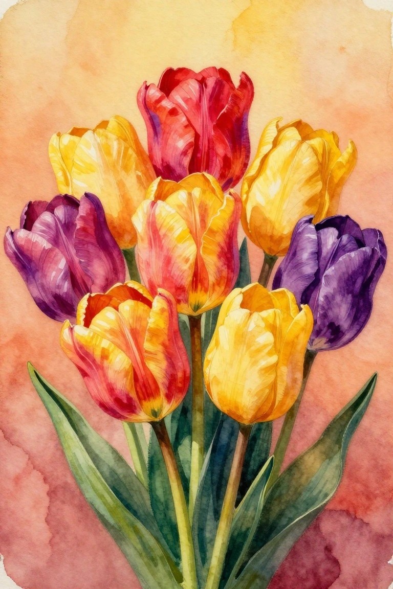 A watercolor painting of red, yellow, and purple tulips clustered together with green leaves against a soft peach and yellow background.