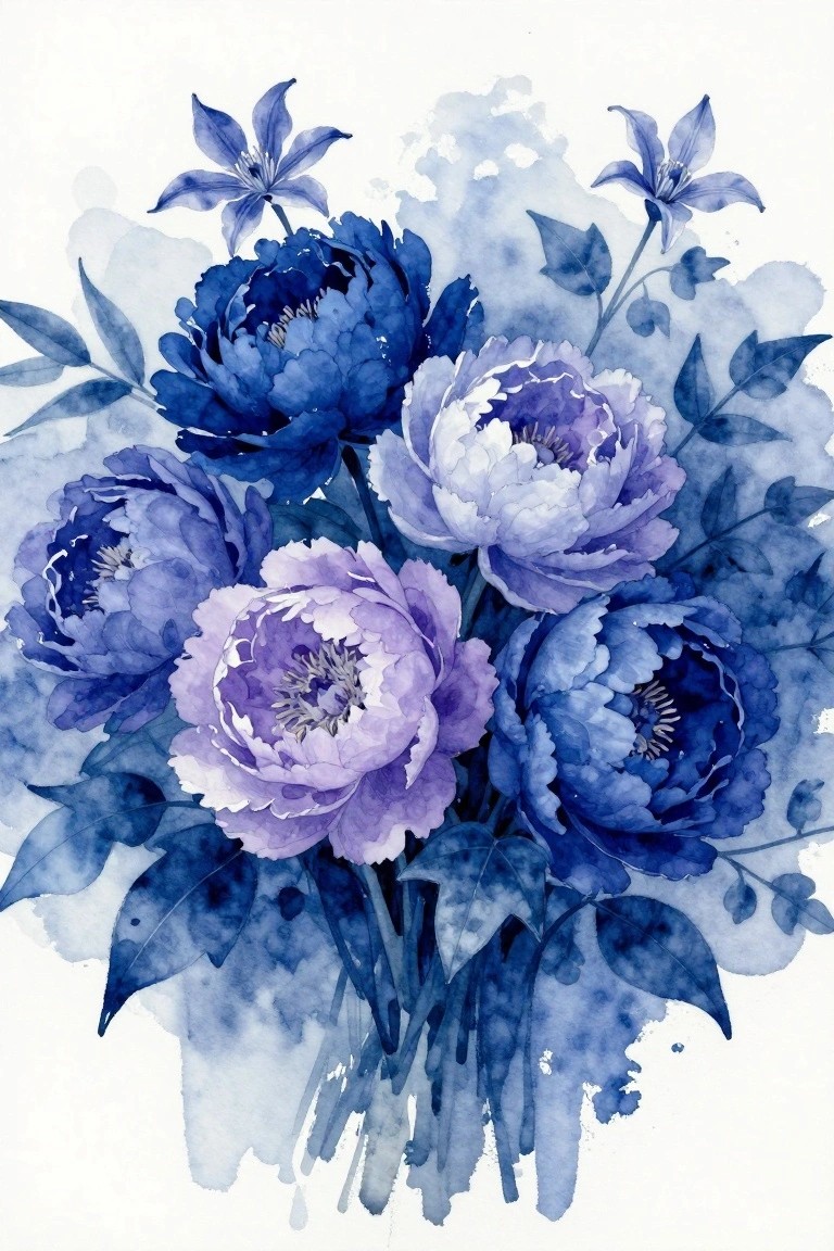 Watercolor bouquet of blue and purple peonies with leafy stems.
