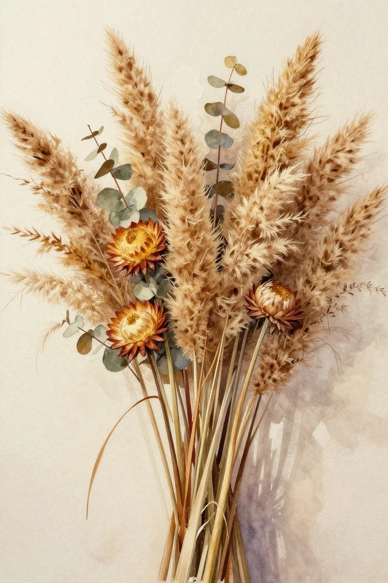 Beige pampas grass bouquet with eucalyptus and orange dried flowers in watercolor.