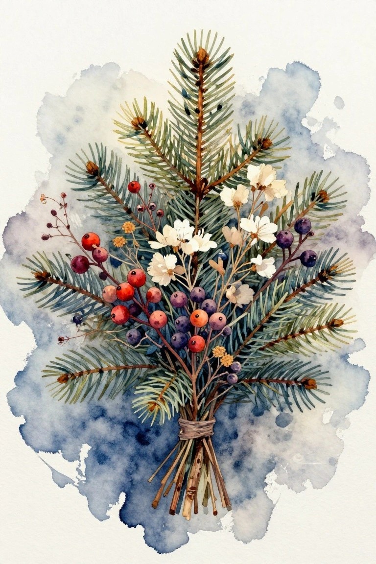 A watercolor painting of evergreen branches bundled with red, purple, and orange berries plus white flowers, tied with twine against a blue wash background.
