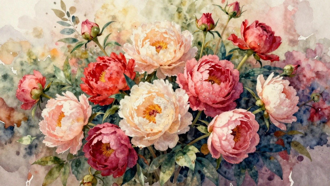 Watercolor peonies in pink and peach tones with dew drops and green leaves.