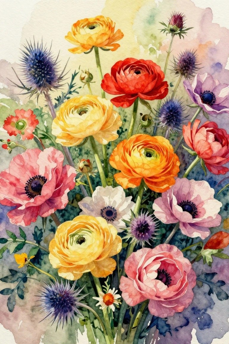 Vibrant watercolor bouquet of colorful ranunculus, anemones, and spiky thistles in bloom.