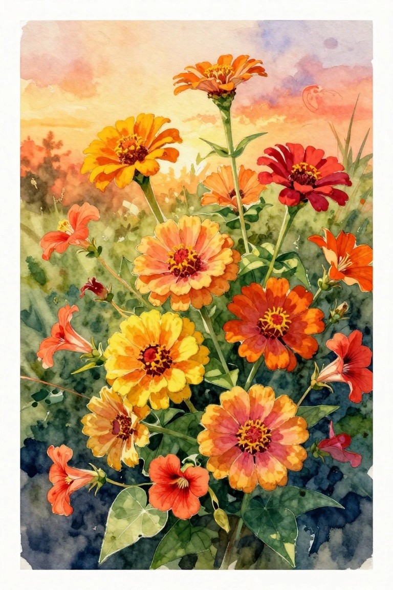 Vibrant watercolor of orange yellow red flowers blooming against a sunset sky