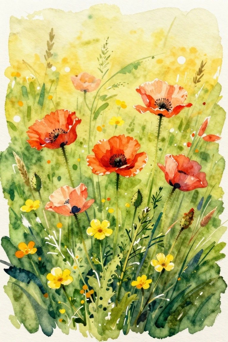 Vibrant watercolor poppies in red and orange amid yellow wildflowers and green meadow