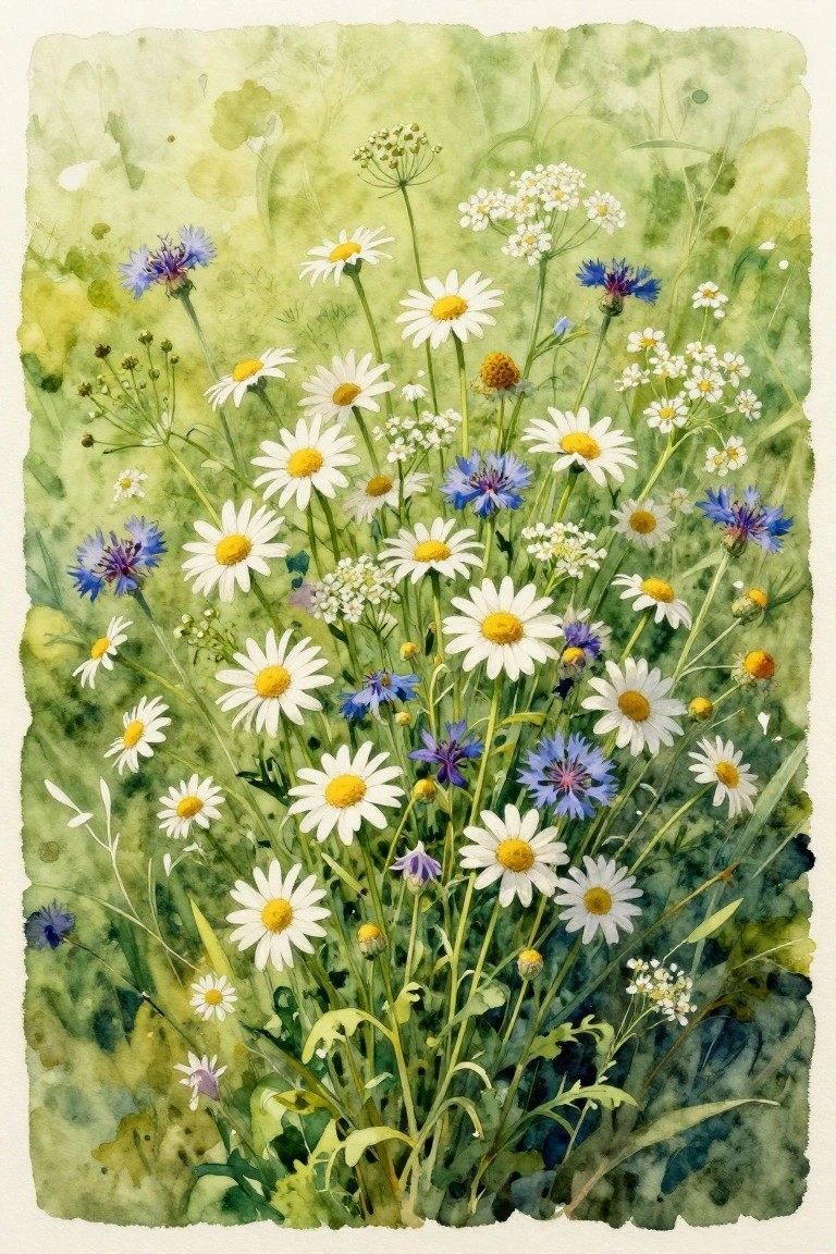 Watercolor painting of white daisies and blue cornflowers in a green meadow
