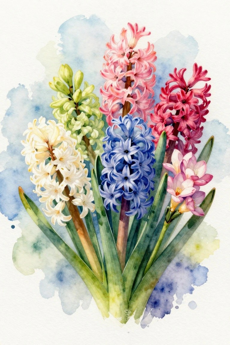 Watercolor hyacinths in pink, blue, white, red with green leaves and buds