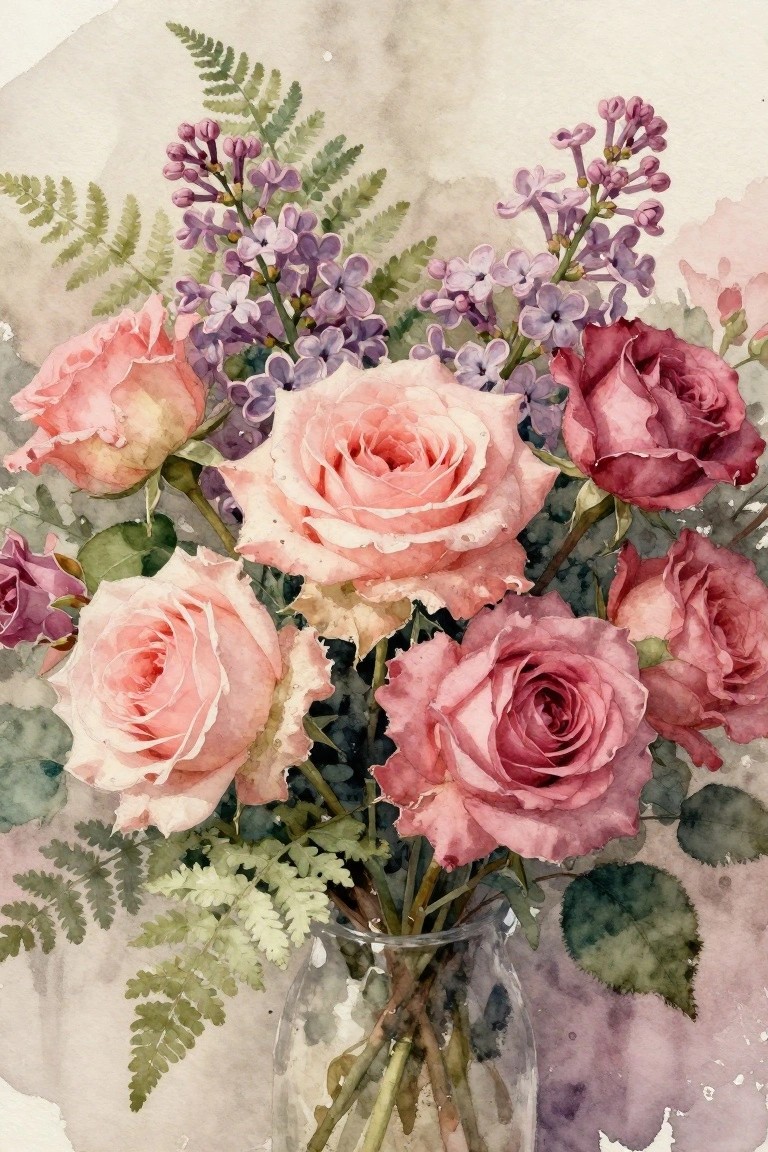 Watercolor bouquet of pink roses, purple lilacs, and ferns in a glass vase.