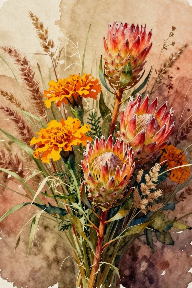 A watercolor painting of orange marigolds and red protea flowers mixed with dried grasses on a textured brown background.