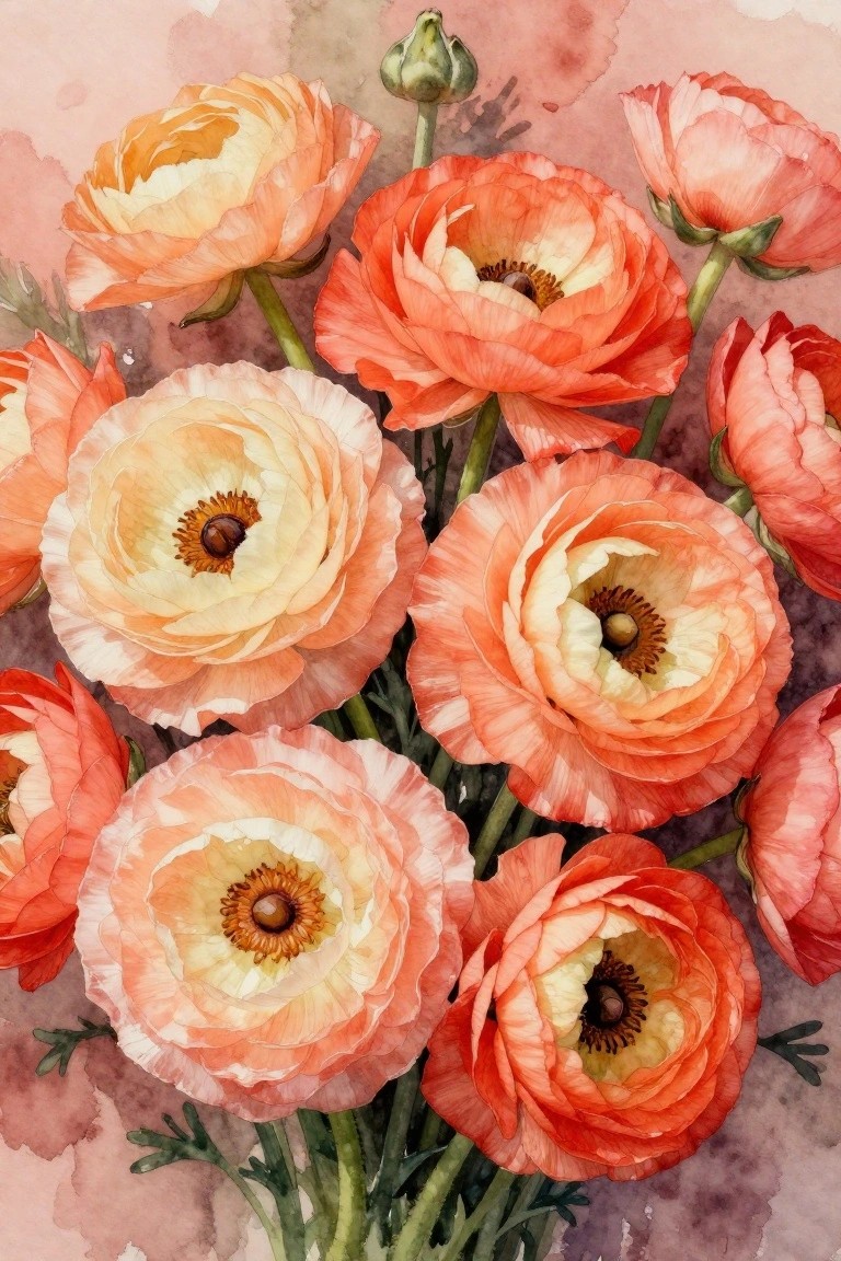 Watercolor bouquet of blooming coral and peach ranunculus with green stems.